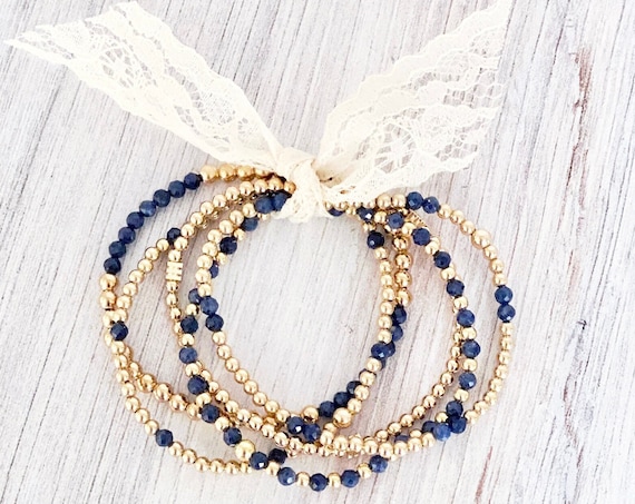 14k Gold Filled Sapphire Beaded Bracelets, 2.5mm 3mm 4mm 5mm Gold Ball Bead, Stretch Bracelet Stack, Layering, Bracelet Set, Minimalist Boho
