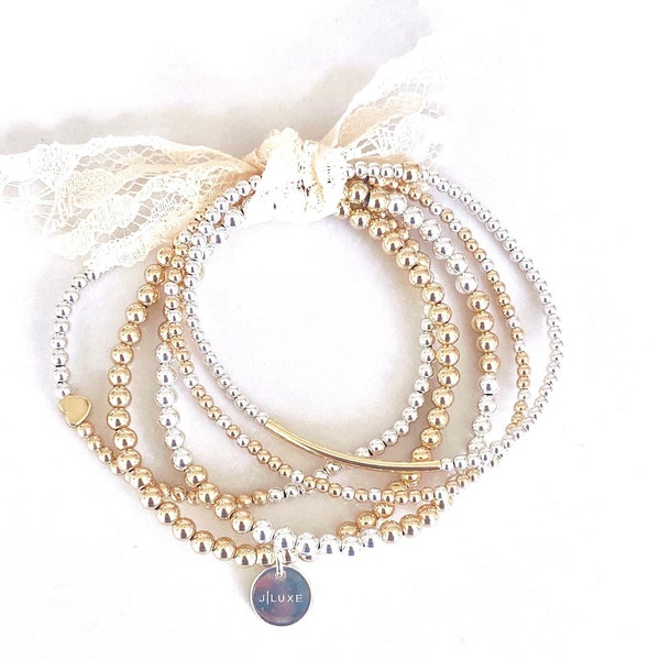 Two Tone 14k Gold Fill & Sterling Silver Bracelet Set, 2.5, 3mm, 4mm Ball Beads, Stretch Bracelet Stack, Bracelet Set, Minimalist bracelets