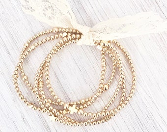 Pulseras con cuentas llenas de oro de 14k, cuentas de bolas de oro de 2,5 y 3 mm, pila de pulseras elásticas, conjunto de pulseras, de moda, minimalista, pulsera cruzada Boho