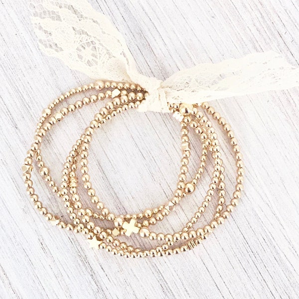 Pulseras con cuentas llenas de oro de 14k, cuentas de bolas de oro de 2,5 y 3 mm, pila de pulseras elásticas, conjunto de pulseras, de moda, minimalista, pulsera cruzada Boho