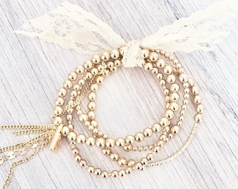 Pulseras con cuentas llenas de oro de 14k, cuentas de bolas de oro de 4 mm y 5 mm, pila de pulseras elásticas, conjunto de pulseras, de moda, minimalista, boho, mariposa