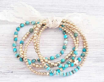14k Gold Filled Turquoise Beaded Bracelets, 2.5, 3mm 4mm 5mm Gold Ball Beads, Stretch Bracelet Stack, Trendy, Minimalist, Bohemian, boho
