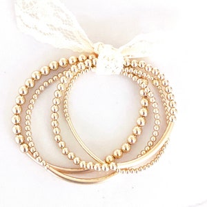 14k Gold Filled Bar Bracelet, 2.5, 3mm, 4mm, 5mm Gold Bead Stretch Bracelet Set, Trendy layering bracelet for Valentine's Day gift for women