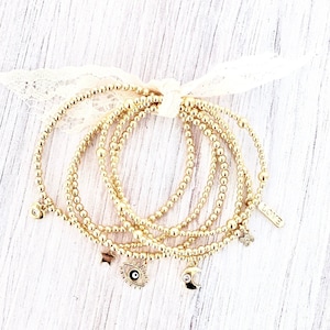 14k Gold Filled Beaded Charm Bracelets, 3mm Gold Ball Beads, Stretch Bracelet Stack, Bracelet Set, Trendy, Minimalist Evil Eye, Bohemian