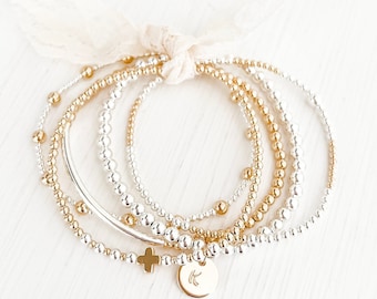 Conjunto de dos tonos B Relleno de oro de 14k y conjunto de pulseras de plata de ley, 2 mm, 2,5 mm, 3 mm, 4 mm, pila de pulseras elásticas, pulseras minimalistas, boho chic