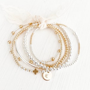 Two Tone Set B 14k Gold Fill & Sterling Silver Bracelet Set, 2mm, 2.5mm, 3mm, 4mm, Stretch Bracelet Stack, Minimalist bracelets, boho chic