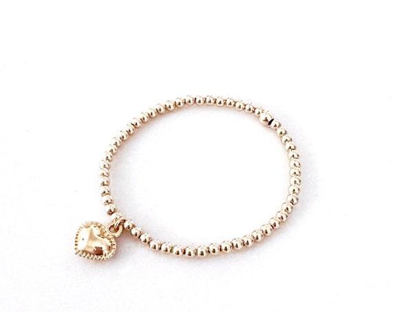 Girls 14k Gold Filled Heart Bracelet 3mm Gold Beaded Baby Bracelet Stretch Bracelets For Birthday and Special Occasions