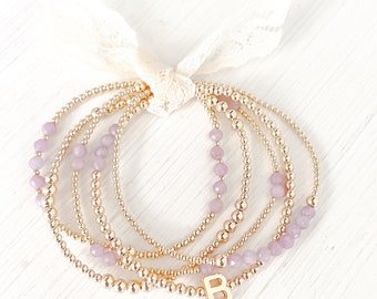 14k Gold Filled Lepidolite Beaded Bracelets, 2mm 2.5mm 3mm 4mm 5mm, Stretch Bracelets, Minimalist bracelet Stack, Boho trendy bracelet