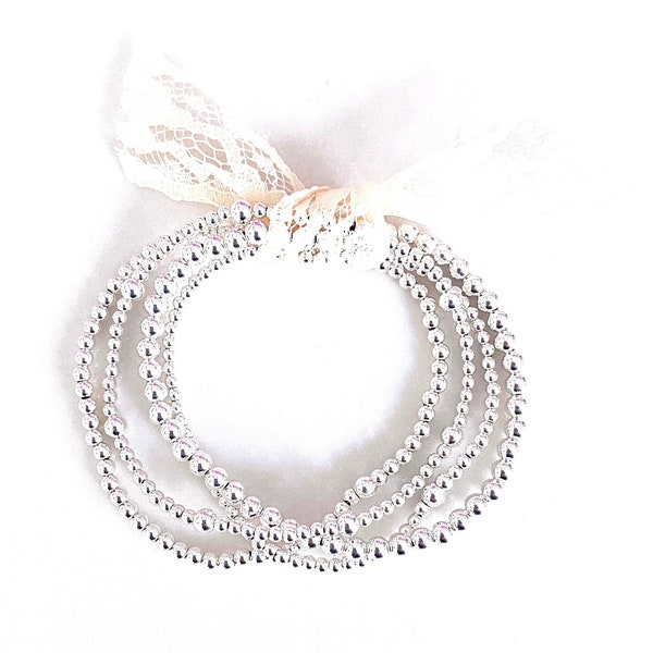 Sterling Silver Bracelet Set, 2.5, 3mm, 4mm Silver Ball Beads, Stretch Bracelet Stack, Bracelet Set, Trendy, Minimalist, Boho bracelets
