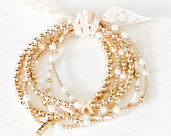 14k Gold Filled Fresh Water Pearl Beaded Bracelets, 2.5mm 3mm 4mm 5mm Beads Stretch Bracelet, Stack, Layering, Mothers Day Bracelet Sets