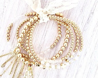 Pulseras con cuentas de topacio blanco llenas de oro de 14k, pila de pulsera elástica de cuentas de oro de 2,5 mm, 3 mm, 4 mm y 5 mm, capas, conjuntos de pulseras, minimalista, boho