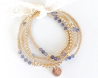 Pulseras con cuentas de iolita llenas de oro de 14k, cuentas de 2 mm, 2,5 mm, 3 mm, 4 mm y 5 mm, pulseras elásticas, pila de pulsera minimalista, pulsera de moda Boho