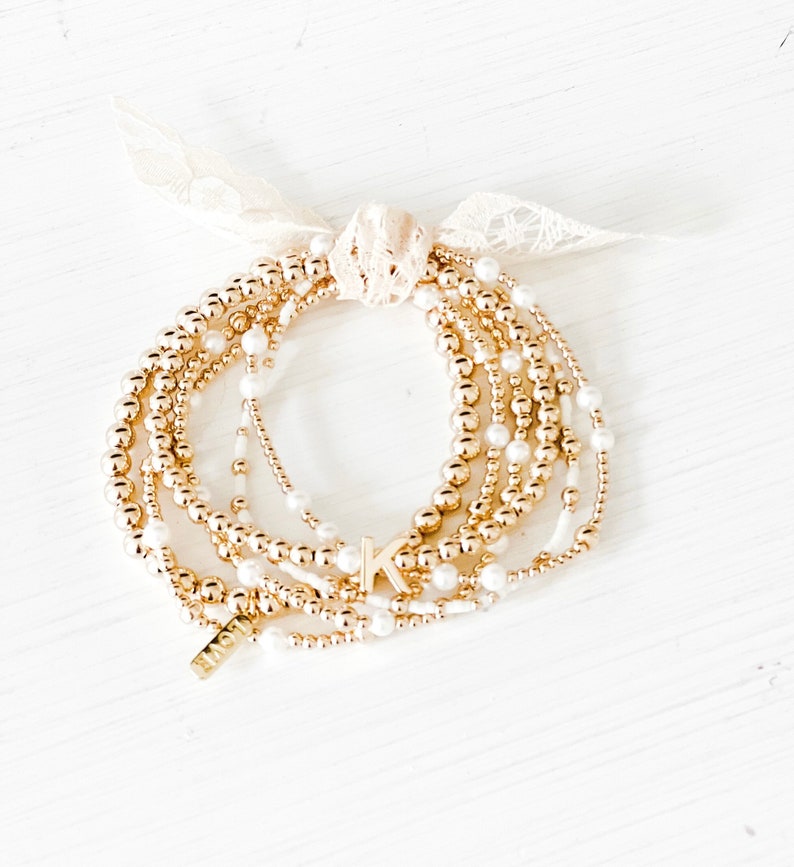 14k Gold Filled Fresh Water Pearl Beaded Bracelets, 2.5mm 3mm 4mm 5mm Beads Stretch Bracelet, Stack, Layering, Mothers Day Bracelet Sets image 1