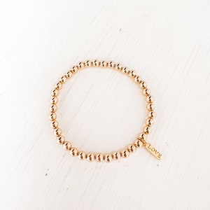 14k Gold Filled Fresh Water Pearl Beaded Bracelets, 2.5mm 3mm 4mm 5mm Beads Stretch Bracelet, Stack, Layering, Mothers Day Bracelet Sets 5mm Love Bar (F)