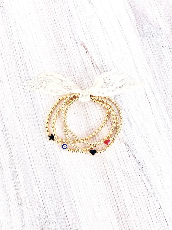 14k Gold Filled Beaded Charm Bracelets, 3mm 4mm Gold Ball Beads, Stretch Bracelet Stack, Bracelet Set, Trendy, Minimalist Evil Eye, Bohemian