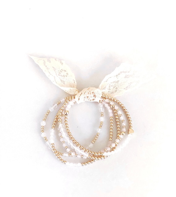 14k Gold Filled Light Pink Rose Quartz Beaded Valentine's Day Bracelets, 2.5mm 3mm 4mm Beads, Stretch Bracelet Stack, Galentine Bracelet Set