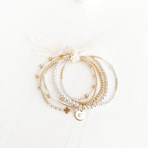 Two Tone Set B 14k Gold Fill & Sterling Silver Bracelet Set, 2mm, 2.5mm, 3mm, 4mm, Stretch Bracelet Stack, Minimalist bracelets, boho chic