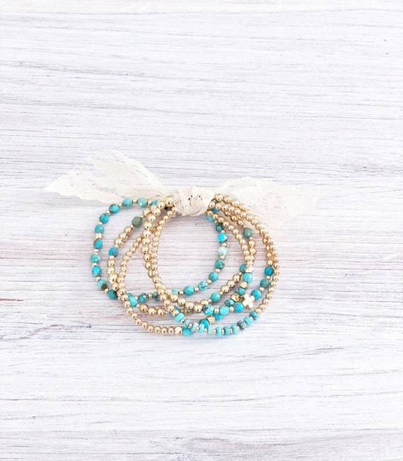 14k Gold Filled Turquoise Beaded Bracelets, 2.5, 3mm 4mm 5mm Gold Ball Beads, Stretch Bracelet Stack, Trendy, Minimalist, Bohemian, boho