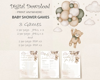 Neutral Baby Shower Games, Instant Download, Bear Baby Predictions and Advice Cards x3, Bearly Here, Balloon Bear Baby, Gender Reveal, Teddy