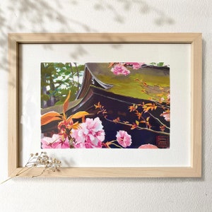Cherry Blossom Temple, Japan, gouache art print, limited edition