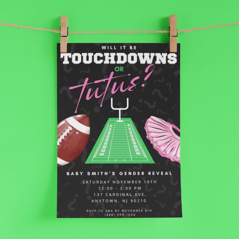 Touchdowns or Tutus Gender Reveal Invitation Editable Digital Template