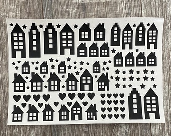 Sticker - Aufkleber - Häuser - Häuserreihe - Häuschen - Sterne und Herzen - Format DIN A4