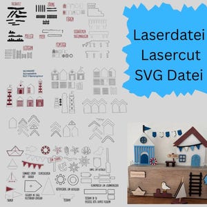 Könnte beinhalten: Eine Laserdatei-SVG mit verschiedenen Elementen zum Thema Nautik, darunter Häuser, Boote und dekorative Akzente. Das Bild zeigt auch ein fertiges Miniatur-Strandhaus in Blau, Weiß und Braun. Der Text auf dem Bild lautet "Laserdatei Lasercut SVG Datei."