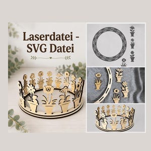 Puede incluir: Diseño floral cortado con láser de madera. El diseño presenta un marco circular con recortes de macetas. El texto "Laserdati - SVG Datei" es visible. También se muestran recortes adicionales de macetas y un diseño de carretera circular.