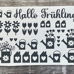 Hallo Frühling - Tulpen - Häuschen - Gießkannen - Blumen - Stickerbogen , Sticker , Aufkleber DIN A4 Format