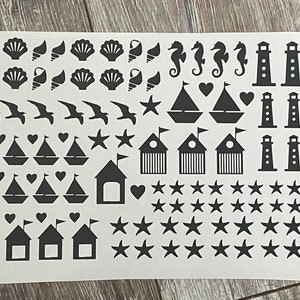 Sticker - MARITIM - maritime Aufkleber - mini Aufkleber - Format DIN A4 - Seestern - Leuchtturm - Muscheln - Häuschen - Seepferd