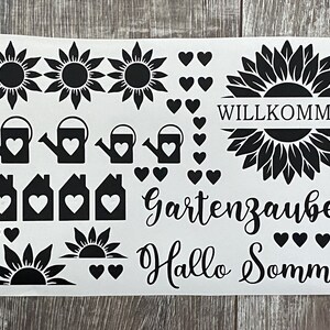Sticker - Aufkleber - Sonnenblumen - Willkommen - Gartenzauber - Hallo Sommer- Herzen - Gießkannen - Stickerbogen Format DIN A4