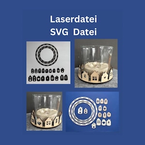 Op de afbeelding: Een verzameling lasergesneden houten kandelaars en decoratieve elementen. Het ontwerp omvat een cirkelvormig frame, miniatuurhuisuitsparingen en een glazen kandelaar. De tekst "Laserdati SVG Datei" staat bovenaan.