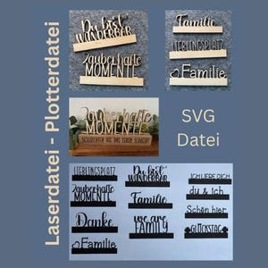 Könnte beinhalten: Eine Sammlung von lasergeschnittenen Holzschildern mit verschiedenen Schriftzügen, darunter "Du bist wunderbar" und "Zauberhafte Momente". Die Schilder sind in verschiedenen Schriftarten und Stilen gehalten, ideal für Heimdekoration oder Bastelprojekte. Der Text "SVG Datei" ist ebenfalls enthalten.