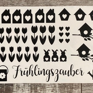 Sticker - Stickerbogen - Aufkleber - Frühlingszauber - Osterhasen - Hasen - Tulpen - Häuschen - Vogelhaus - Gießkanne - DIN A4 Format