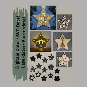 Könnte beinhalten: Eine Sammlung von sternförmigen Weihnachtsdekorationen aus Holz. Einige Sterne sind mit warmem Licht beleuchtet und zeigen ausgeschnittene Designs von Gebäuden, Rentieren und Sternen. Der Text "Digitale Datei - SVG Datei Laserdatei - Plotterdatei" ist ebenfalls enthalten.