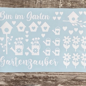 Sticker - Stickerbogen - Aufkleber - Gartenzauber - Bin im Garten - Blumen - Vogelhaus - Gießkanne - Format DIN A4