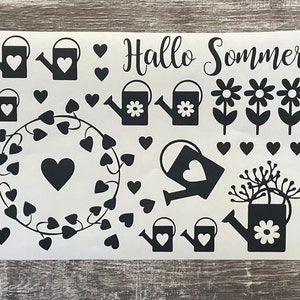 Stickerbogen - Hallo Sommer - Kranz - Herzen - Gießkanne - Giesskannen - Blumen - Sticker  -Aufkleber - Format DIN A4