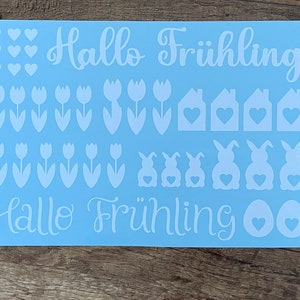 Stickerbogen - Aufkleber - Sticker - DIN A4 Format - Hallo Frühling - Herzen - Tulpen - Häuschen - Häuser - Hasen - Osterhasen - Ostereier