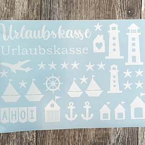 Urlaubskasse - Sticker - Aufkleber - maritim - Stickerbogen Format DIN A4 - Geschenkidee - Leuchtturm - Seestern - Segelschiff