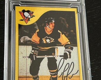 1985 Mario Lemieux Box Bottom Facsimile Autographed Rookie Card Reprint #1 O-Pee-Chee Graded Card RP RC