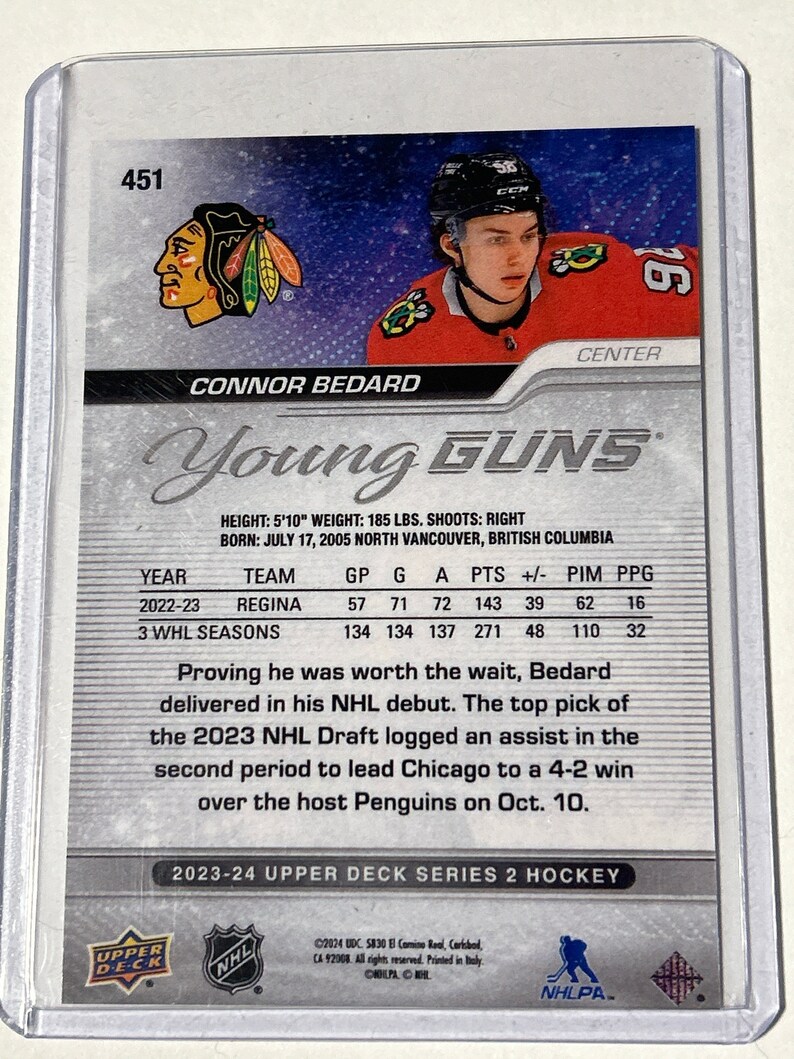 2023 Connor Bedard Young Guns Rookie Prospect RC 451 BV Rare RAW Chicago Blackhawks Card Reprint Card image 2