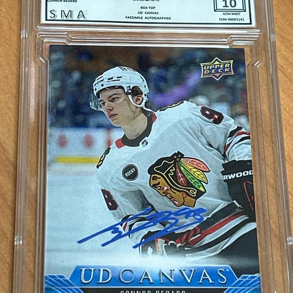 2023-24 Connor Bedard Young Guns Canvas Rookie Blue Facsimile Autographed Prospect RC Graded Chicago Reprint Card box top