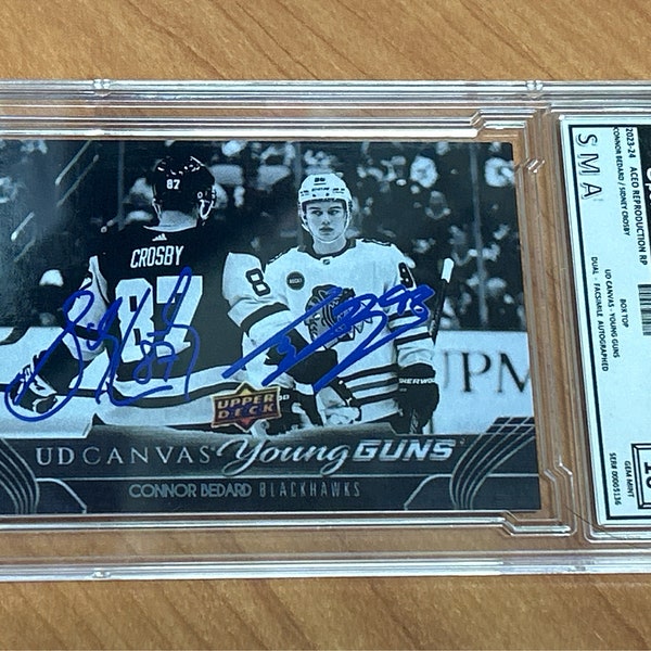 2023-24 Connor Bedard & Sidney Crosby  Young Guns Canvas Reproduction Rookie Facsimile Autographed Prospect RC Graded Chicago Reprint Card