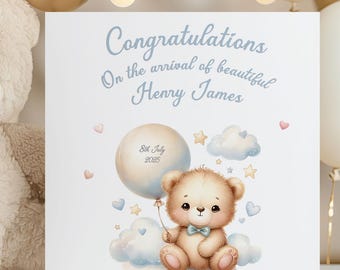 Personalised New Baby Boy Card with Name & Date | Congratulations on the Arrival | Custom New Parents Keepsake