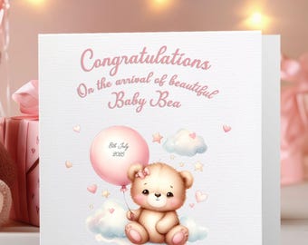 Personalised New Baby Girl Card – Bear Design, Custom Name & Date
