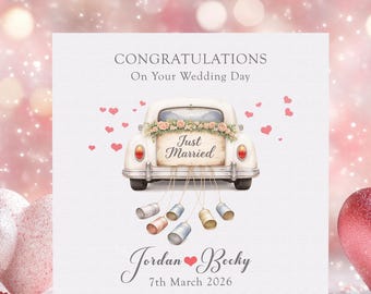 Personalised Wedding Day Card, Vintage Car Design with Names and Date
