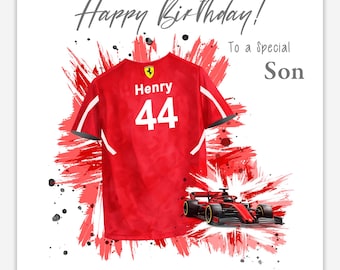 Personalised Racing Birthday Card, Motorsport Shirt, Custom Name & Age