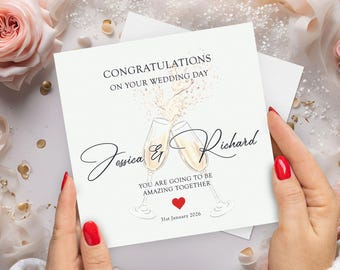 Personalised Wedding Card, Champagne Glass Design, Personalised with Names and Date