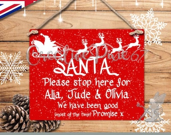Personalised Santa Please Stop Here Childrens Personalized Christmas Sign Aluminium Metal Plaque