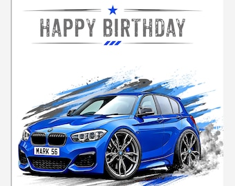 Personalised M140i Birthday Card, Blue BMW 1 Series Inspired Car Card, Custom Number Plate, Petrolhead Car Lover Gift